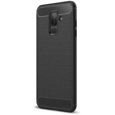 Hátlapvédő telefontok gumi / szilikon (közepesen ütésálló, légpárnás sarok, szálcsiszolt, karbonminta) Fekete [Samsung Galaxy A6+ (2018) SM-A605F]