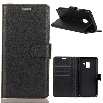 Telefontok álló, bőr hatású (flip, oldalra nyíló, asztali tartó funkció, prémium) Fekete [Samsung Galaxy A6+ (2018) SM-A605F]