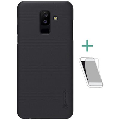 Nillkin Super Frosted műanyag hátlapvédő telefontok (gumírozott, érdes felület, kijelzővédő fóliával) Fekete [Samsung Galaxy A6+ (2018) SM-A605F]