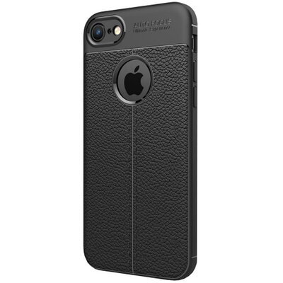 Hátlapvédő telefontok gumi / szilikon (bőrhatás, varrás minta, logo kivágás) fekete [Apple iPhone 7 4.7, Apple iPhone 8 4.7]