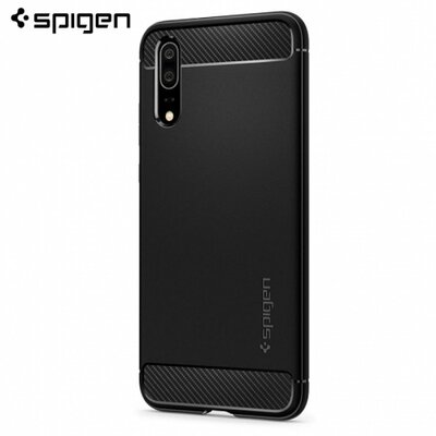 Spigen Rugged Armor hátlapvédő telefontok gumi / szilikon (közepesen ütésálló, légpárnás sarok, karbonminta) Fekete [Huawei P20]