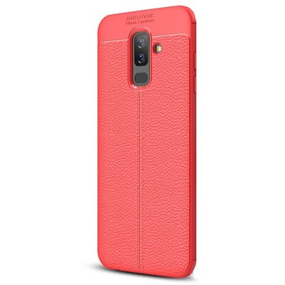 Hátlapvédő telefontok gumi / szilikon (bőrhatás, varrás minta) Piros [Samsung Galaxy A6+ (2018) SM-A605F]