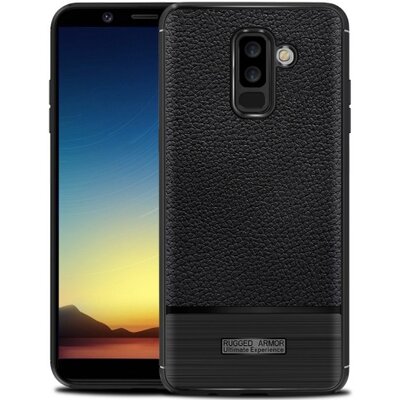 Hátlapvédő telefontok gumi / szilikon (bőrhatás, szálcsiszolt) Fekete [Samsung Galaxy A6+ (2018) SM-A605F]