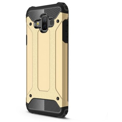 Defender műanyag hátlapvédő telefontok (közepesen ütésálló, légpárnás sarok, gumi / szilikon belső, fémhatás) Arany [Samsung Galaxy J7 Duo (2018)]