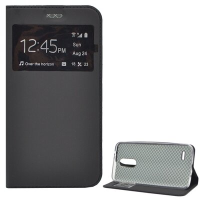 Telefontok álló, bőr hatású (flip, oldalra nyíló, asztali tartó funkció, S-View Cover) Fekete [LG K9 K350 (K8 2018)]