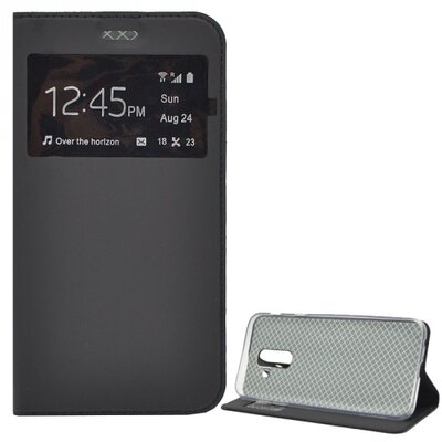 Telefontok álló, bőr hatású (flip, oldalra nyíló, asztali tartó funkció, S-View Cover) Fekete [Samsung Galaxy A6+ (2018) SM-A605F]