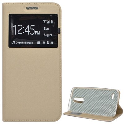 Telefontok álló, bőr hatású (flip, oldalra nyíló, asztali tartó funkció, S-View Cover) Arany [LG K9 K350 (K8 2018)]