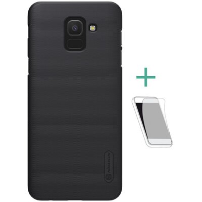 Nillkin Super Frosted műanyag hátlapvédő telefontok (gumírozott, érdes felület, kijelzővédő fóliával) Fekete [Samsung Galaxy J6 (2018) J600F]