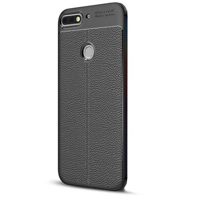 Hátlapvédő telefontok gumi / szilikon (bőrhatás, varrás minta) Fekete [Huawei Y7 Prime 2018 (Y7 2018)]