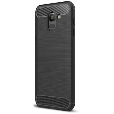 Hátlapvédő telefontok gumi / szilikon (közepesen ütésálló, légpárnás sarok, szálcsiszolt, karbonminta) Fekete [Samsung Galaxy J6 (2018) J600F]