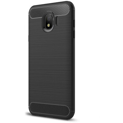 Hátlapvédő telefontok gumi / szilikon (közepesen ütésálló, légpárnás sarok, szálcsiszolt, karbonminta) Fekete [Samsung Galaxy J4 (2018) J400F]