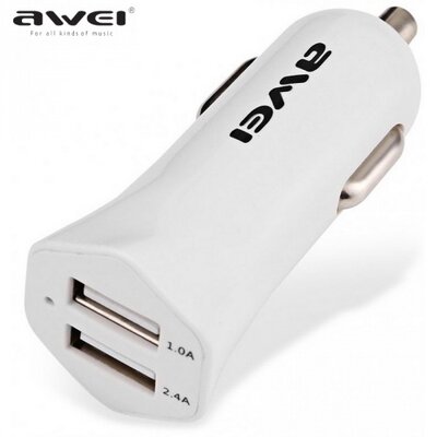 Awei C300_W AWEI szivargyújtó töltő/autós töltő 2 x USB aljzat (5V/1000mA, 5V/2400mA, gyorstöltés támogatás, kábel nélkül), fehér