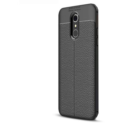 Hátlapvédő telefontok gumi / szilikon (bőrhatás, varrás minta) Fekete [LG Q7 (X210)]