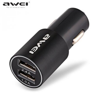 Awei C100_B AWEI szivargyújtó töltő/autós töltő 2 x USB aljzat (5V/1000mA, 5V/2400mA, gyorstöltés támogatás, kábel nélkül), fekete