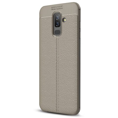 Hátlapvédő telefontok gumi / szilikon (bőrhatás, varrás minta) Szürke [Samsung Galaxy A6+ (2018) SM-A605F]