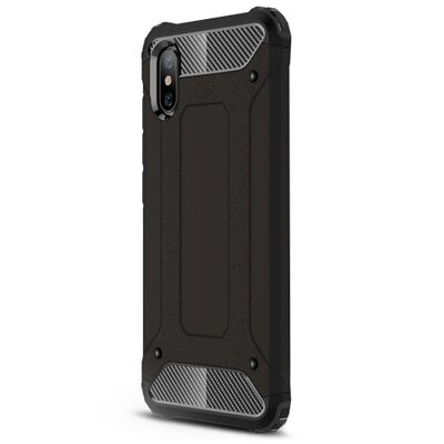Defender műanyag hátlapvédő telefontok (közepesen ütésálló, légpárnás sarok, gumi / szilikon belső, fémhatás) Fekete [Xiaomi Mi 8 Explorer]