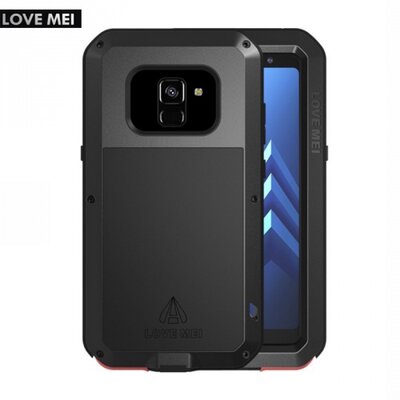 LOVE MEI Powerful defender elő- és hátlapvédő telefontok, gumi (ütésálló, Gorilla Glass üveg, fém keret) Fekete [Samsung Galaxy A8 (2018) SM-A530F]