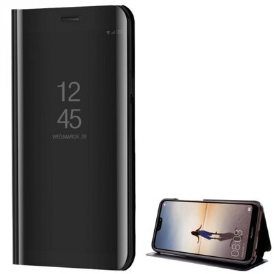 Telefontok álló, (aktív flip, oldalra nyíló, asztali tartó funkció, tükrös felület, Mirror View Case) Fekete [Huawei P20 Lite]
