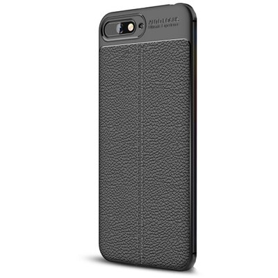 Hátlapvédő telefontok gumi / szilikon (bőrhatás, varrás minta) Fekete [Huawei Y6 (2018)]