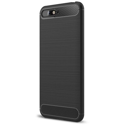 Hátlapvédő telefontok gumi / szilikon (közepesen ütésálló, légpárnás sarok, szálcsiszolt, karbonminta) Fekete [Huawei Y6 (2018)]