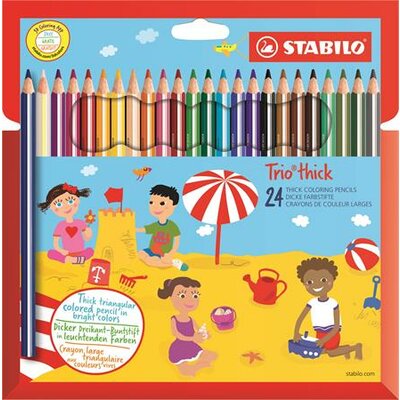 Színes ceruza készlet, vastag, háromszögletű, hegyezővel, STABILO "Trio thick", 24 különböző szín, (24 db)