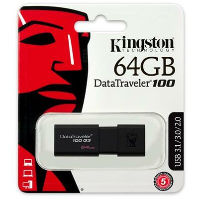 Pendrive, 64GB, USB 3.0, KINGSTON "DT100 G3", fekete