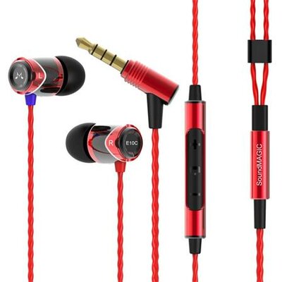 Fülhallgató, mikrofon, hangerőszabályzó, fém, SOUNDMAGIC "E10C", fekete-piros