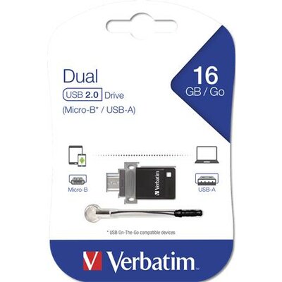 Pendrive, 16GB, USB 2.0+micro USB adapter, táblagéphez, VERBATIM "DUAL"