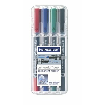 Alkoholos marker készlet, F/M, 0,6/1,5 mm, kúpos, kétvégű, STAEDTLER "Lumocolor Duo", 4 különböző szín, (4 db)