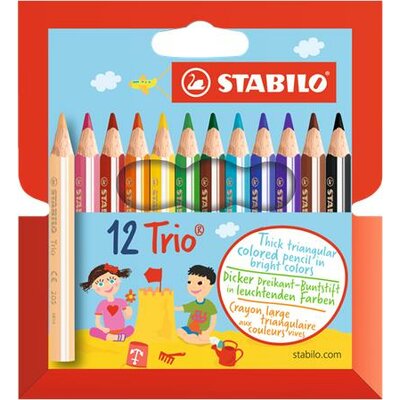 Színes ceruza készlet, háromszögletű, vastag, rövid, STABILO "Trio", 12 különböző szín, (12 db)