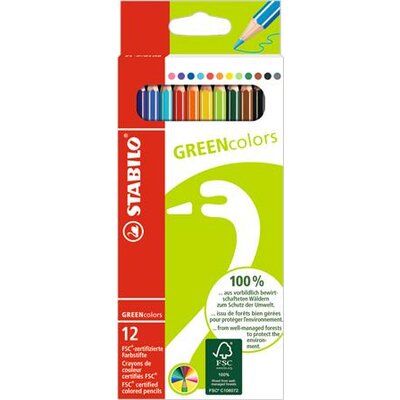 Színes ceruza készlet, hatszögletű, STABILO "GreenColors", 12 különböző szín, (12 db)