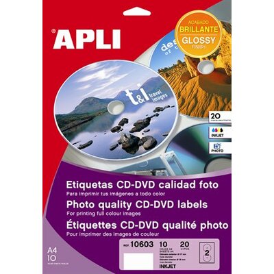 Etikett, CD/DVD, A4, teljes lefedettségű, fényes, fotó minőségű, APLI "Mega", (10 lap)