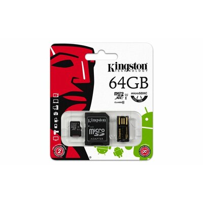 Memóriakártya, microSDXC, 64GB, C10, 10 MB/s, SD+USB adapter, KINGSTON
