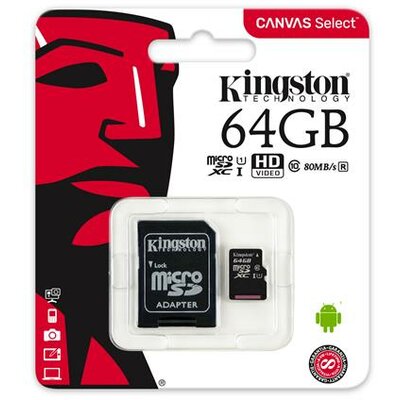 Memóriakártya, microSDXC, 64GB, C10/U1, 80/10 MB/s, adapter, KINGSTON "Canvas Select"