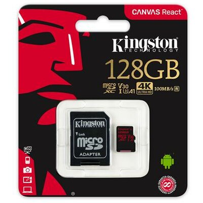Memóriakártya, microSDXC, 128GB, C10/U3/V30/A1, 100/80 MB/s, adapter, KINGSTON "Canvas React"