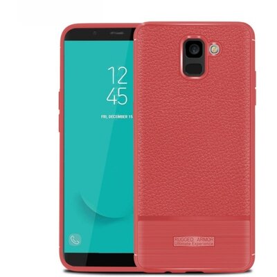 Hátlapvédő telefontok gumi / szilikon (közepesen ütésálló, bőrhatás, szálcsiszolt) Piros [Samsung Galaxy J6 (2018) J600F]