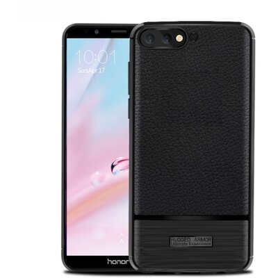 Hátlapvédő telefontok gumi / szilikon (közepesen ütésálló, bőrhatás, szálcsiszolt) Fekete [Huawei Y6 (2018)]