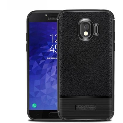 Hátlapvédő telefontok gumi / szilikon (közepesen ütésálló, bőrhatás, szálcsiszolt) Fekete [Samsung Galaxy J4 (2018) J400F]