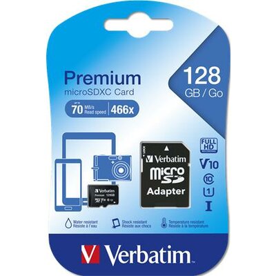 Memóriakártya, microSDXC, 128GB, C10/U1, 70/10 MB/s, adapter, VERBATIM, "Premium"