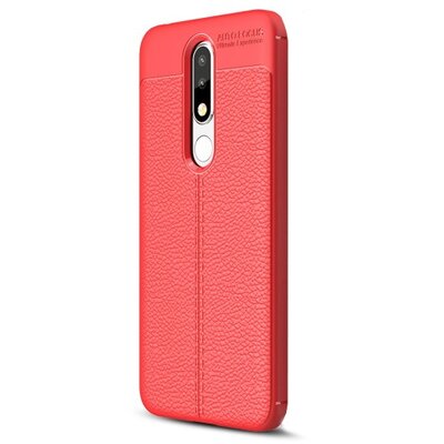 Hátlapvédő telefontok gumi / szilikon (közepesen ütésálló, bőrhatás, varrás minta) Piros [Nokia 5.1+ Plus (Nokia X5)]