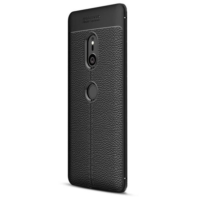 Hátlapvédő telefontok gumi / szilikon (közepesen ütésálló, bőrhatás, varrás minta) Fekete [Sony Xperia XZ3 (H9436)]