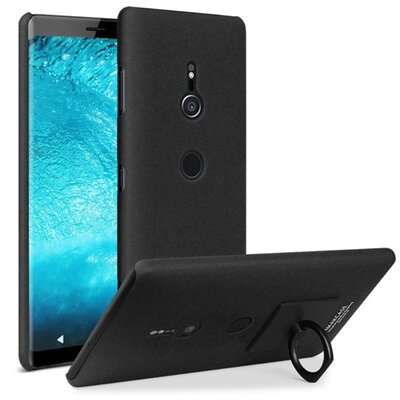 IMAK műanyag hátlapvédő telefontok (gumírozott, telefontartó gyűrű, 360°-ban forgatható) Fekete [Sony Xperia XZ3 (H9436)]