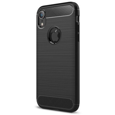Hátlapvédő telefontok gumi / szilikon (közepesen ütésálló, légpárnás sarok, szálcsiszolt, karbonminta) Fekete [Apple iPhone XR 6.1]