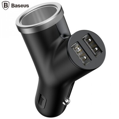 Baseus BSC-C16N_B BASEUS szivargyújtó adapter (elosztó) 2in1 (aktív, szivartöltő aljzat, 2x USB aljzat, 40W, max. 3400mA) FEKETE