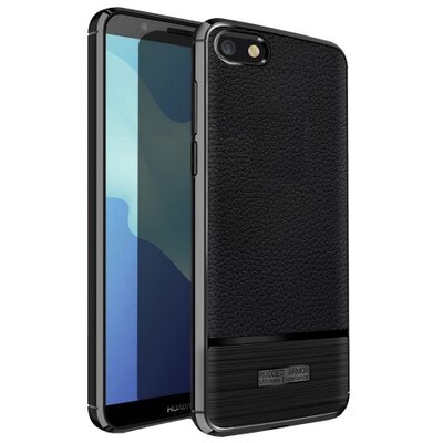 Hátlapvédő telefontok gumi / szilikon (közepesen ütésálló, bőrhatás, szálcsiszolt) Fekete [Huawei Honor 7S, Huawei Y5 2018 (Y5 Prime 2018)]