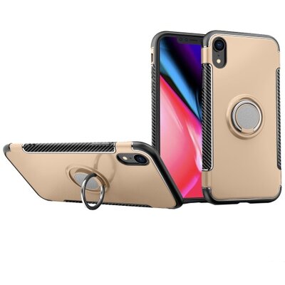 Műanyag hátlapvédő telefontok (szilikon keret, asztali tartó funkció, telefontartó gyűrű, beépített fémlemez, karbon minta) Arany [Apple iPhone XR 6.1]