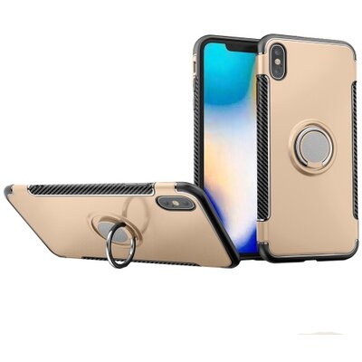 Műanyag hátlapvédő telefontok (szilikon keret, asztali tartó funkció, telefontartó gyűrű, beépített fémlemez, karbon minta) Arany [Apple iPhone XS Max 6.5]