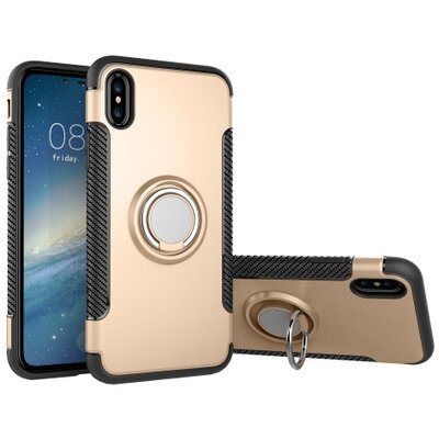 Műanyag hátlapvédő telefontok (szilikon keret, asztali tartó funkció, telefontartó gyűrű, beépített fémlemez, karbon minta) Arany [Apple iPhone X 5.8, Apple iPhone XS 5.8]