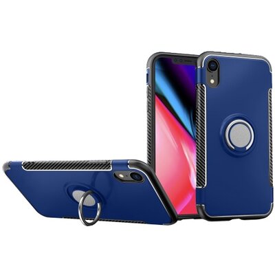 Műanyag hátlapvédő telefontok (szilikon keret, asztali tartó, telefontartó gyűrű, beépített fémlemez, karbon minta) SötétKék [Apple iPhone XR 6.1]
