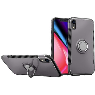 Műanyag hátlapvédő telefontok (szilikon keret, asztali tartó funkció, telefontartó gyűrű, beépített fémlemez, karbon minta) Szürke [Apple iPhone XR 6.1]